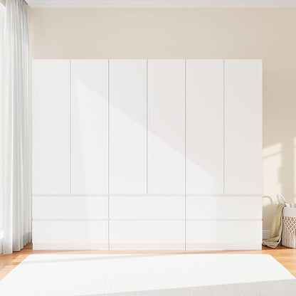 Armoire Wardrobe Closet with 6 Doors, Wooden Wardrobe Cabinet with 6 Drawers, Hanging Rod & Shelves, Freestanding Closets for Bedroom (White, 3)