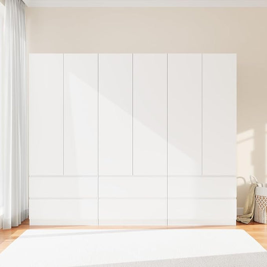 Armoire Wardrobe Closet with 6 Doors, Wooden Wardrobe Cabinet with 6 Drawers, Hanging Rod & Shelves, Freestanding Closets for Bedroom (White, 3)
