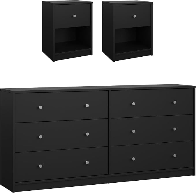 Tvilum Portland Black 3-Piece Bedroom Set - 6 Drawer Double Dresser and Nightstand Set of 2