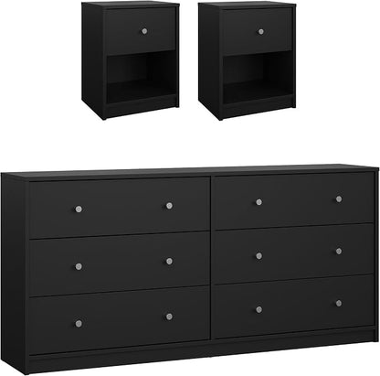 Tvilum Portland Black 3-Piece Bedroom Set - 6 Drawer Double Dresser and Nightstand Set of 2