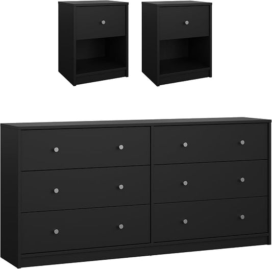Tvilum Portland Black 3-Piece Bedroom Set - 6 Drawer Double Dresser and Nightstand Set of 2