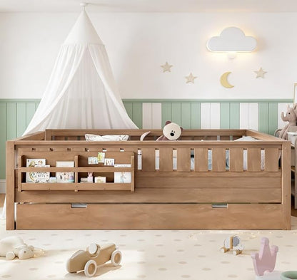 Bellemave Queen Size Kids Bed with high Rails and with Built-in Bookshelf and Trundle for Kids, Girls, Boys, Wood Montessori Bed Without Door, Natural