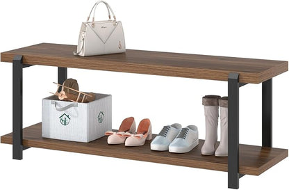 FOLUBAN Entryway Bench with Shoe Storage, Modern End of Bed Bench, Wood and Metal Entry Bench for Hallway Front Door Entrance, Industrial Indoor Bench for Bedroom Living Room, Rustic Walnut, 47 Inch