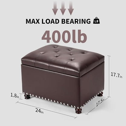 Joveco Faux Leather Storage Ottoman Bench Rectangle 24 Inch Foot Rest Ottomans (Brown)