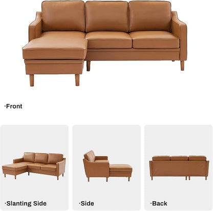 Kingfun 88" L-Shape Sofa, Faux Leather Sectional Couch, Mid Century Modern Couches with Solid Wood Frame for Living Room Bedroom