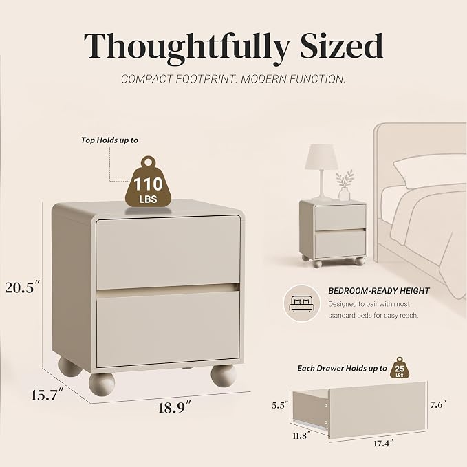 Furniway Beige Nightstand Set of 2, Modern 2 Drawer Bedside Table with Curved Profile Design and Handle-Free Drawers, Modern End Table with Storage for Bedroom