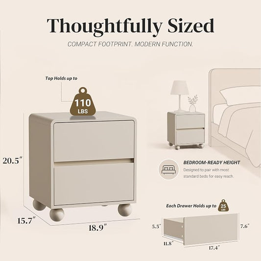 Furniway Beige Nightstand Set of 2, Modern 2 Drawer Bedside Table with Curved Profile Design and Handle-Free Drawers, Modern End Table with Storage for Bedroom