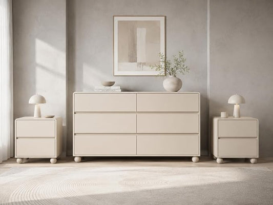 Furniway 3 Piece Bedroom Set, 6 Drawer Dresser and 2 Drawer Nightstand Set of 2 with Round Legs, Modern Wood Chest of Drawers Storage Cabinet for Bedroom, Beige