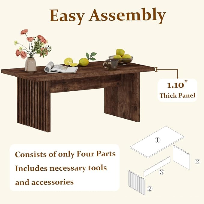 BON AUGURE Coffee Table for Living Room, 43Inch Farmhouse Wood Center Table, Rectangle Mid-Century Living Room Tables, Unique Fluted Panel Coffee Tables (Rustic Oak)