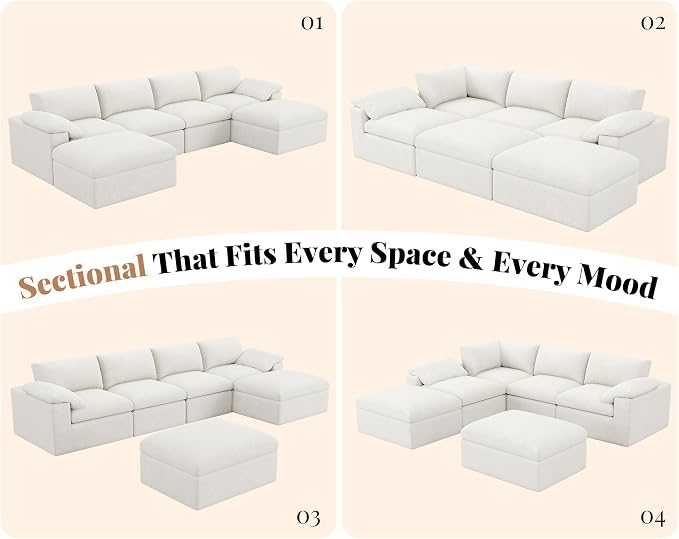 Jocisland 153" Cloud Couch Sectional, No-Assembly Modular Sectional Sofa with 76.4 inch Deep Chaise, Oversize Cloud Couch for Living Room, White Chenille