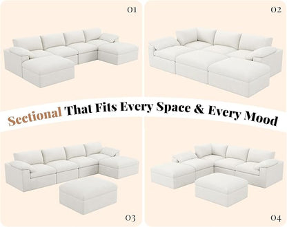 Jocisland 153" Cloud Couch Sectional, No-Assembly Modular Sectional Sofa with 76.4 inch Deep Chaise, Oversize Cloud Couch for Living Room, White Chenille