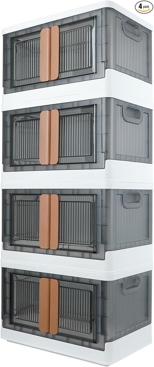 Storage Box, Plastic Cabinet, 8.4 Gallon (32L) Capacity (Each One), 4 Packs, Stackable Collapsible Drawer, with Door and Buckle, Organizer for Home and Office, Transparent