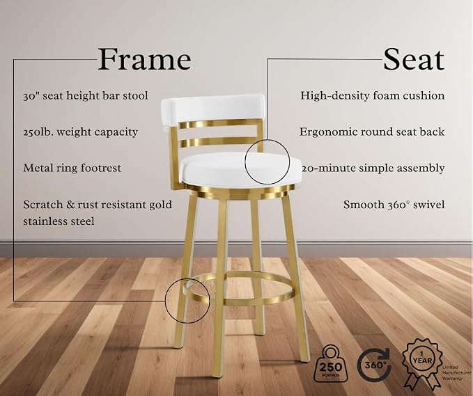 Armen Living Madrid 30" Seat Height Swivel Modern White Faux Leather and Gold Brushed Stainless Steel Bar Stool for Kitchen Island Counter