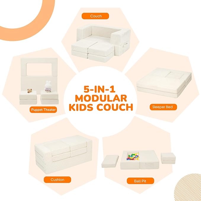MeMoreCool Modular Kids Couch, Corduroy Play Toddler Couch for Bedroom Playroom Furniture, Convertible Foam Kids Sofa Bed, Fold Out Baby Sofa for Girl Boy, Beige