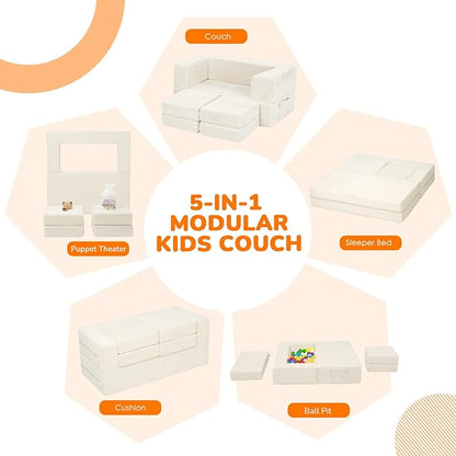 MeMoreCool Modular Kids Couch, Corduroy Play Toddler Couch for Bedroom Playroom Furniture, Convertible Foam Kids Sofa Bed, Fold Out Baby Sofa for Girl Boy, Beige
