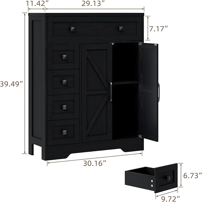 Vabches Farmhouse Storage Cabinet with 2 Doors and 5 Drawers, Freestanding Bathroom Cabinets Kitchen Pantry, Floor Storage Cabinet Hutch Cupboard for Living Room/Bathroom/Kitchen.Pure Black