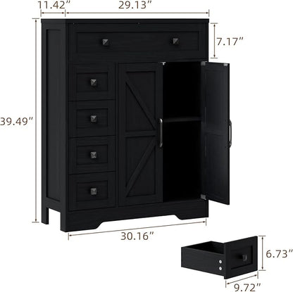 Vabches Farmhouse Storage Cabinet with 2 Doors and 5 Drawers, Freestanding Bathroom Cabinets Kitchen Pantry, Floor Storage Cabinet Hutch Cupboard for Living Room/Bathroom/Kitchen.Pure Black