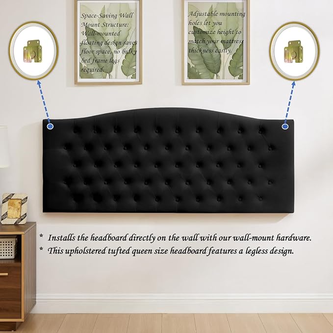 24KF Upholstered Tufted Button Wall Mounted Velvet Headboard,Comfortable Fashional Headboard Queen/Full Size,6058-Q-Black