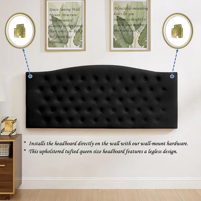 24KF Upholstered Tufted Button Wall Mounted Velvet Headboard,Comfortable Fashional Headboard Queen/Full Size,6058-Q-Black