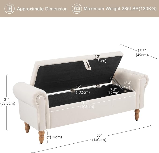 Furniliving 55” End of Bed Bench, Bedroom Bench with Button-Tufted, Large Upholstered Storage Ottoman Entryway Bench with Storage Shoe Cabinet Bench, for Bedroom, Linen, Beige