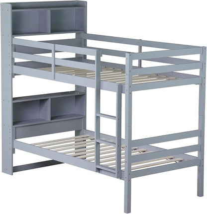 Twin Over Twin Bunk Bed with Storage Bookcase Headboard for Kids Boys Girls Teens, Rubber Wood Bunk Beds Frame with Storage Shelves, Can Be Separated into 2 Platform Beds, Gray