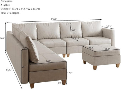 EASE MOOSE Leather Sectional Couch Sofa with Storage,U Shaped Faux Leather Modualr Sectional Modular Sofa,Whitesand