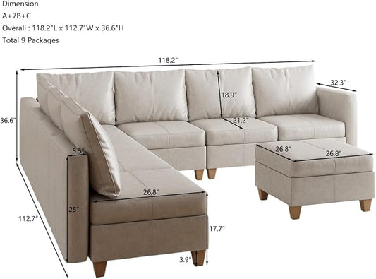 EASE MOOSE Leather Sectional Couch Sofa with Storage,U Shaped Faux Leather Modualr Sectional Modular Sofa,Whitesand