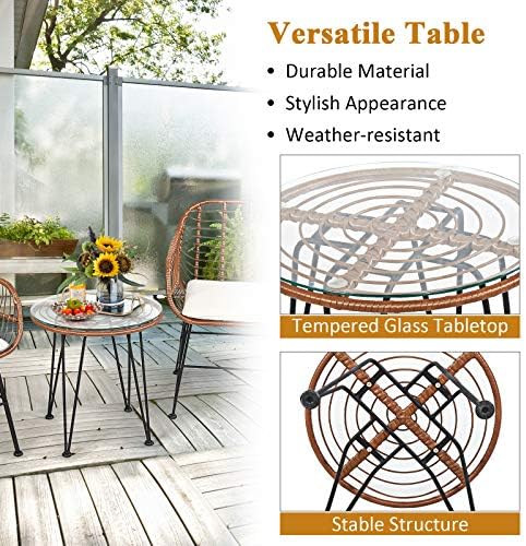Tangkula 3 Pieces Patio Conversation Bistro Set, Outdoor Wicker Furniture w/Round Tempered Glass Top Table & 2 Rattan Armchairs, Bistro Chat Set w/Seat Cushions for Porch, Backyard, Garden