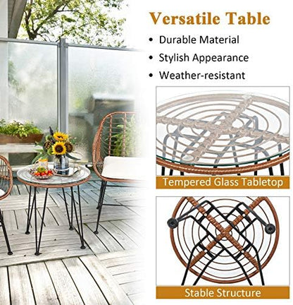 Tangkula 3 Pieces Patio Conversation Bistro Set, Outdoor Wicker Furniture w/Round Tempered Glass Top Table & 2 Rattan Armchairs, Bistro Chat Set w/Seat Cushions for Porch, Backyard, Garden