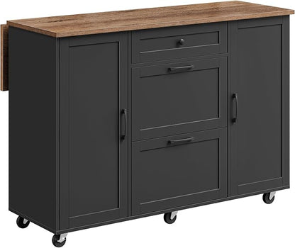 CHOEZON Kitchen Island with Trash Can Cabinet, Drop-Leaf Tabletop & 6 Wheels, 51.2-Inch Rolling Kitchen Cart with Fridge Shelf, Drawers & Adjustable Shelves, Farmhouse Style, Black and Walnut MZD07BL