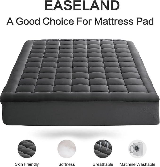 EASELAND Full Size Mattress Pad Pillow Top Cover Quilted Fitted Protector Cotton Top 8-21" Deep Pocket Cooling Mattress Topper (54x75 Inches, Dark Grey)