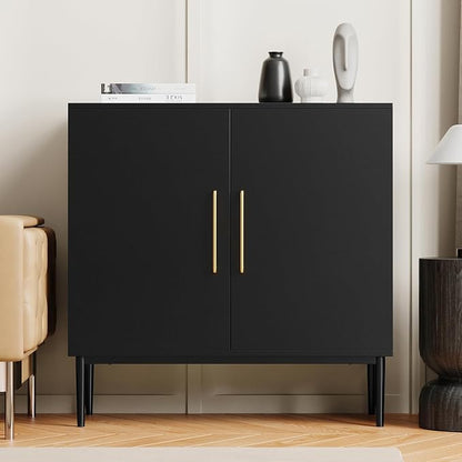 Set of 4 Black Storage Cabinet with Doors, Modern Accent Cabinet, Free Standing Cabinet with Adjustable Shelf, Wooden Buffet Sideboards for Living Room, Kitchen, Dining Room, Entryway