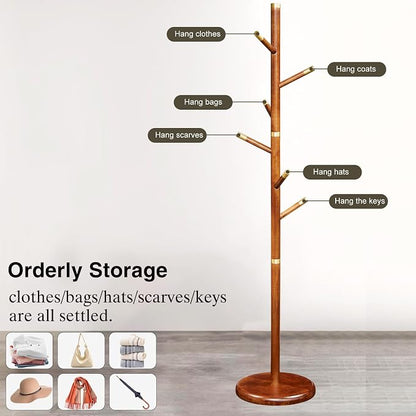 Wooden Coat Rack Freestanding, Hall Tree Hanger With Resin Hooks, Adjustable Heavy Duty Coat Rack for Hanging Clothes Bags Hats in Living Room Bedroom (coat rack, Simple Hook)
