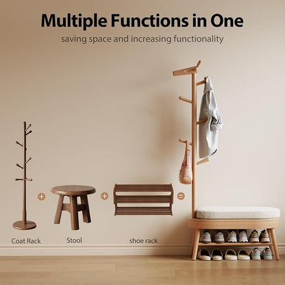 AQIMUELE Shoe Rack with Coat Rack, Wooden Shoe Bench with Upholstered Cushion, 3-in-1, 2-Tier Shoe Storage and Cute Animal Hooks for Entryway, Hallway, Closet (Natural 32.2")