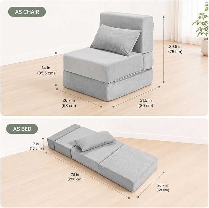 Folding Sofa Bed, Convertible Sleeper Chair with Pillow, Foldable Mattress & Back Support, Portable Floor Lounger Futon for Apartment, Dorm, Living Room, Bedroom, Gray