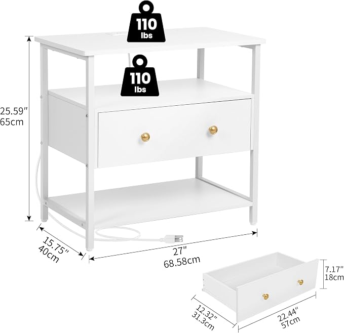 Edbuosy 27 Inch Wide Night Stand with Charging Station, Wood Nightstand with Open Shelf, Large Drawer Bedside Table for Living Room/Bedroom/Office, White