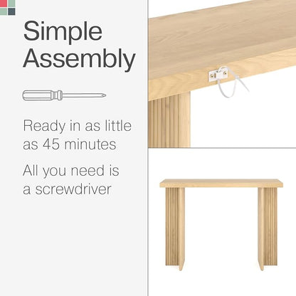 Stead Modern Console Table - Natural Oak, Fluted Solid Wood - Slim Entryway Table with Drawers & Curved Cross Base