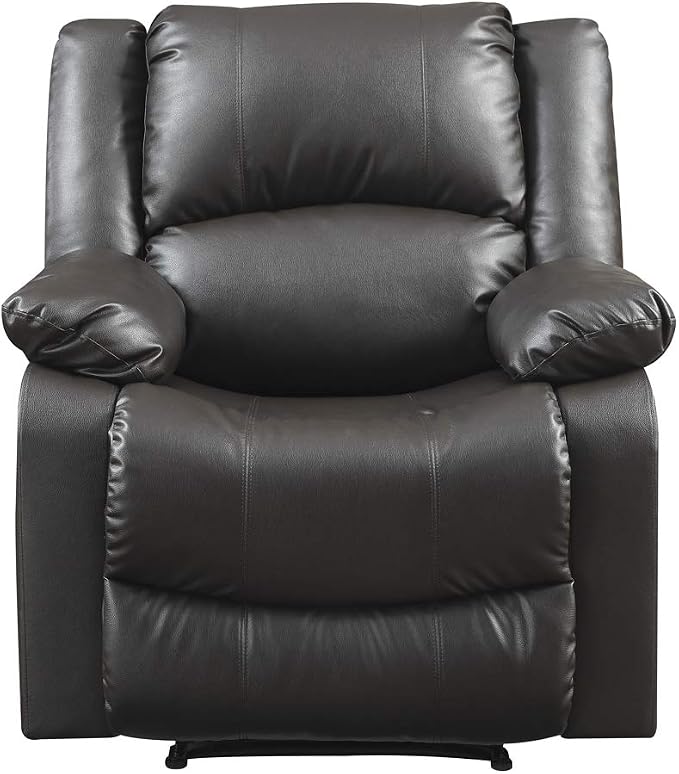 Warren 35.5" Manual Pull-Handle Recliner, Traditional Overstuffed, Pocket Coil Comfort, Black Metal Base Legs, Soft Vegan Leather Fabric, Java