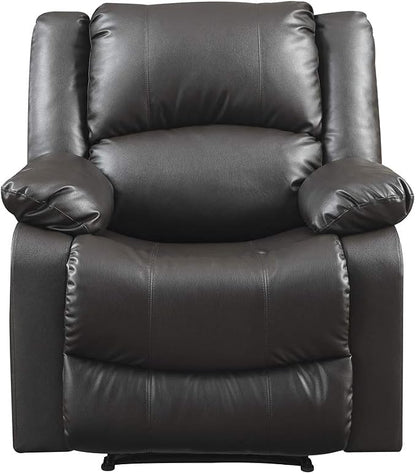Warren 35.5" Manual Pull-Handle Recliner, Traditional Overstuffed, Pocket Coil Comfort, Black Metal Base Legs, Soft Vegan Leather Fabric, Java