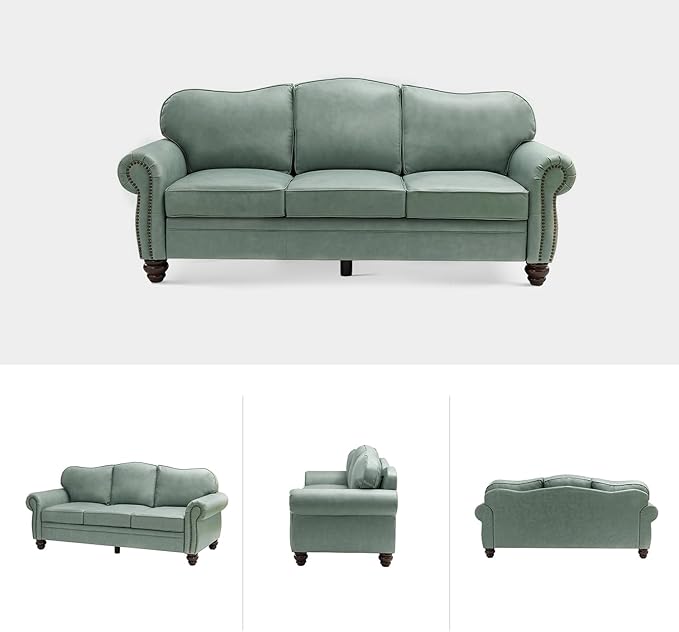 81" Genuine Leather Sofa, Classic 3-Seater Couchs with Wood Legs, Stylish & Comfortable Sofa for Living Room or Office, Easy Assembly and Maintain & Long-Lasting, Sage