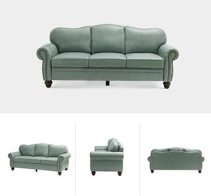 81" Genuine Leather Sofa, Classic 3-Seater Couchs with Wood Legs, Stylish & Comfortable Sofa for Living Room or Office, Easy Assembly and Maintain & Long-Lasting, Sage