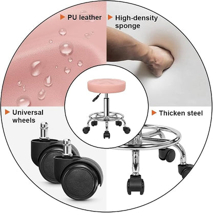 KKTONER Round Rolling Stool Chair PU Leather Height Adjustable Swivel Drafting Work SPA Shop Salon Stools with Wheels Office Chair Small (Pink)
