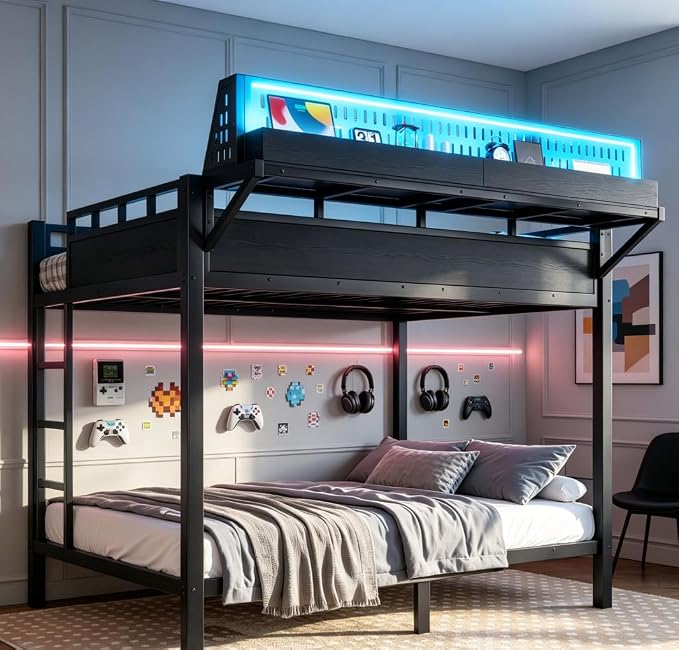 Bellemave Bunk Bed Full Over Full，Metal Bunk beds with Storage Shelves USB Ports and LED Lights, Black