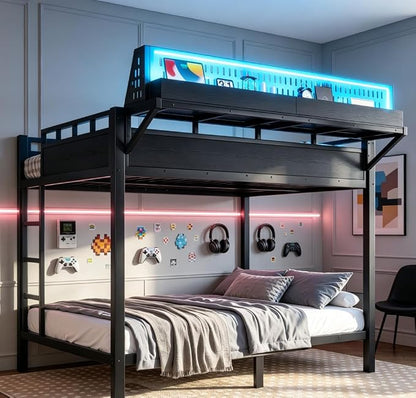 Bellemave Bunk Bed Full Over Full，Metal Bunk beds with Storage Shelves USB Ports and LED Lights, Black