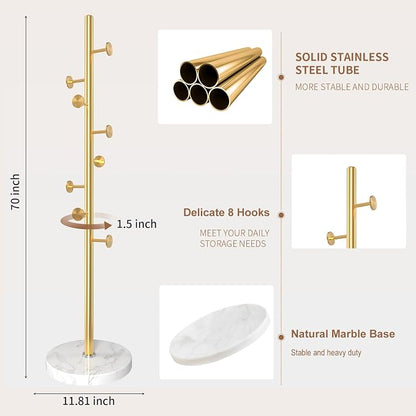 Modern Metal Coat Rack Stand, Coat Rack Freestanding with Natural Marble Base, Sturdy Heavy Duty Coat Racks with 8 Hooks, Golden Coat Hall Tree Stand for Entryway, Office