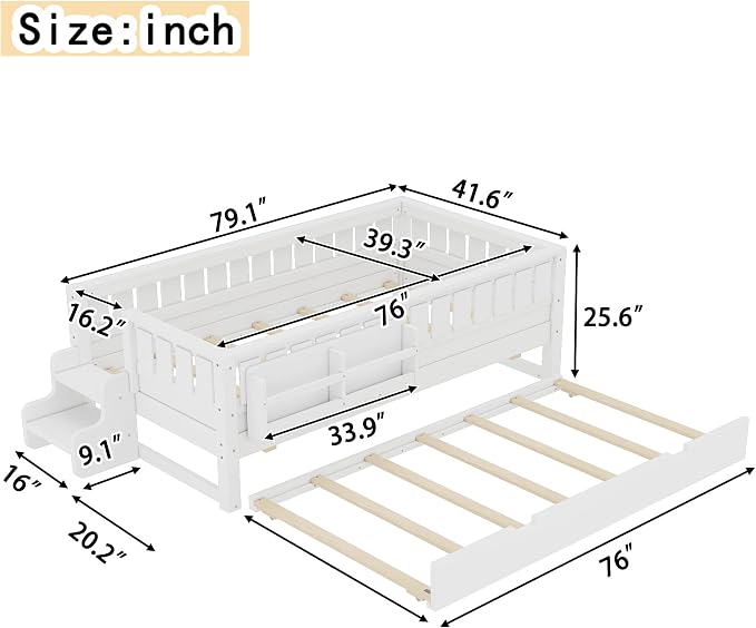 Bellemave Twin Size Kids Bed with high Rails and with Built-in Bookshelf and Trundle for Kids, Girls, Boys, Wood Montessori Bed Without Door, White