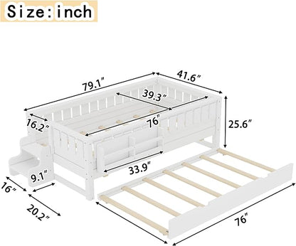 Bellemave Twin Size Kids Bed with high Rails and with Built-in Bookshelf and Trundle for Kids, Girls, Boys, Wood Montessori Bed Without Door, White
