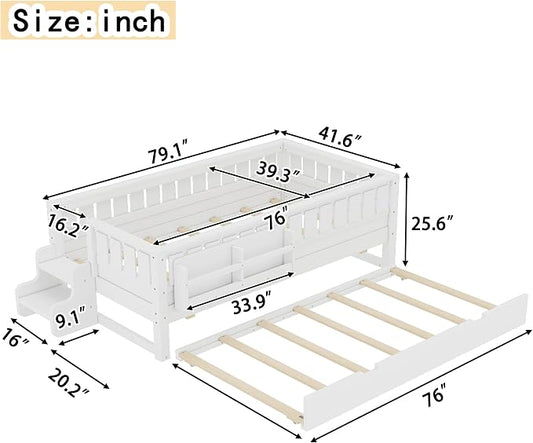 Bellemave Twin Size Kids Bed with high Rails and with Built-in Bookshelf and Trundle for Kids, Girls, Boys, Wood Montessori Bed Without Door, White