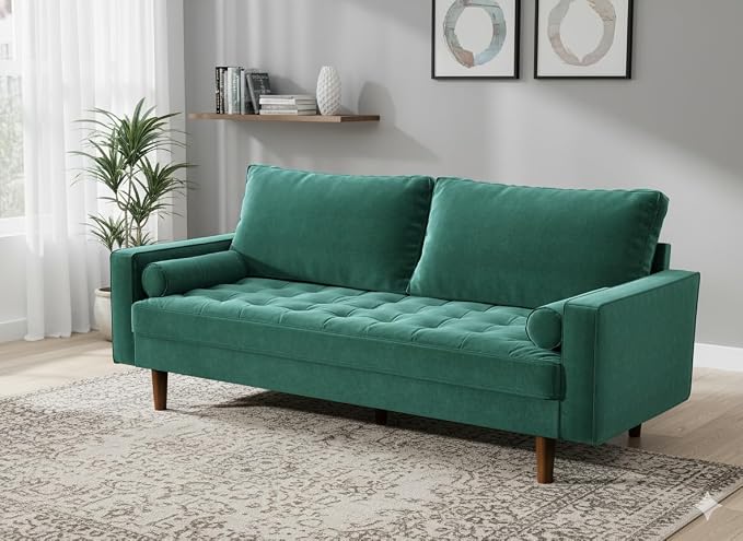 Container Furniture Direct Womble 70 Inch Velvet Sofa with Elegant Button Tufted Upholstery, Square Arms, Splayed Wood Legs, Includes Matching Bolster Pillows, Green