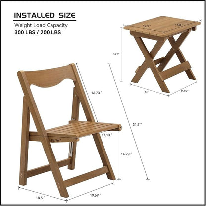 Outdoor Bistro Set Foldable Small Table and Chair Set,with 2 Chairs and Rectangular Table (Teak + HDPE)